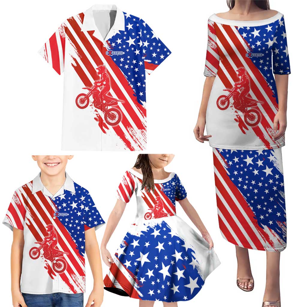 Custom Patriotic Motocross Family Matching Puletasi and Hawaiian Shirt with American Flag - Wonder Print Shop