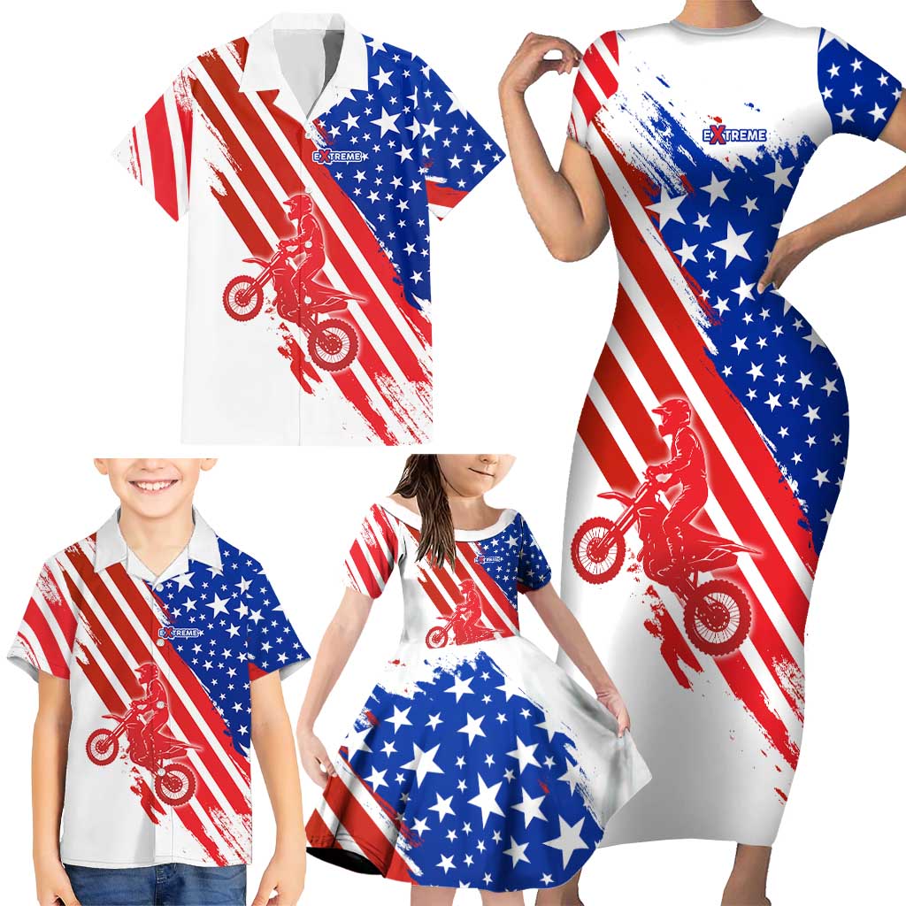 Custom Patriotic Motocross Family Matching Short Sleeve Bodycon Dress and Hawaiian Shirt with American Flag - Wonder Print Shop