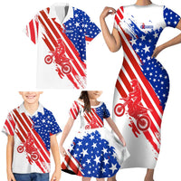 Custom Patriotic Motocross Family Matching Short Sleeve Bodycon Dress and Hawaiian Shirt with American Flag - Wonder Print Shop