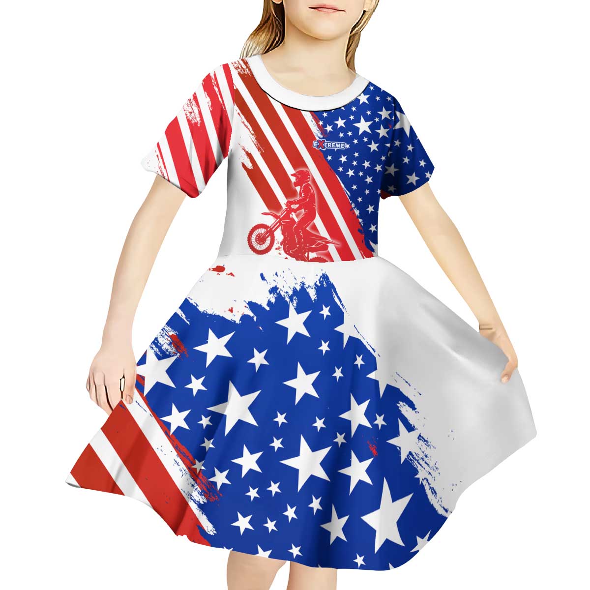 Custom Patriotic Motocross Kid Short Sleeve Dress with American Flag - Wonder Print Shop
