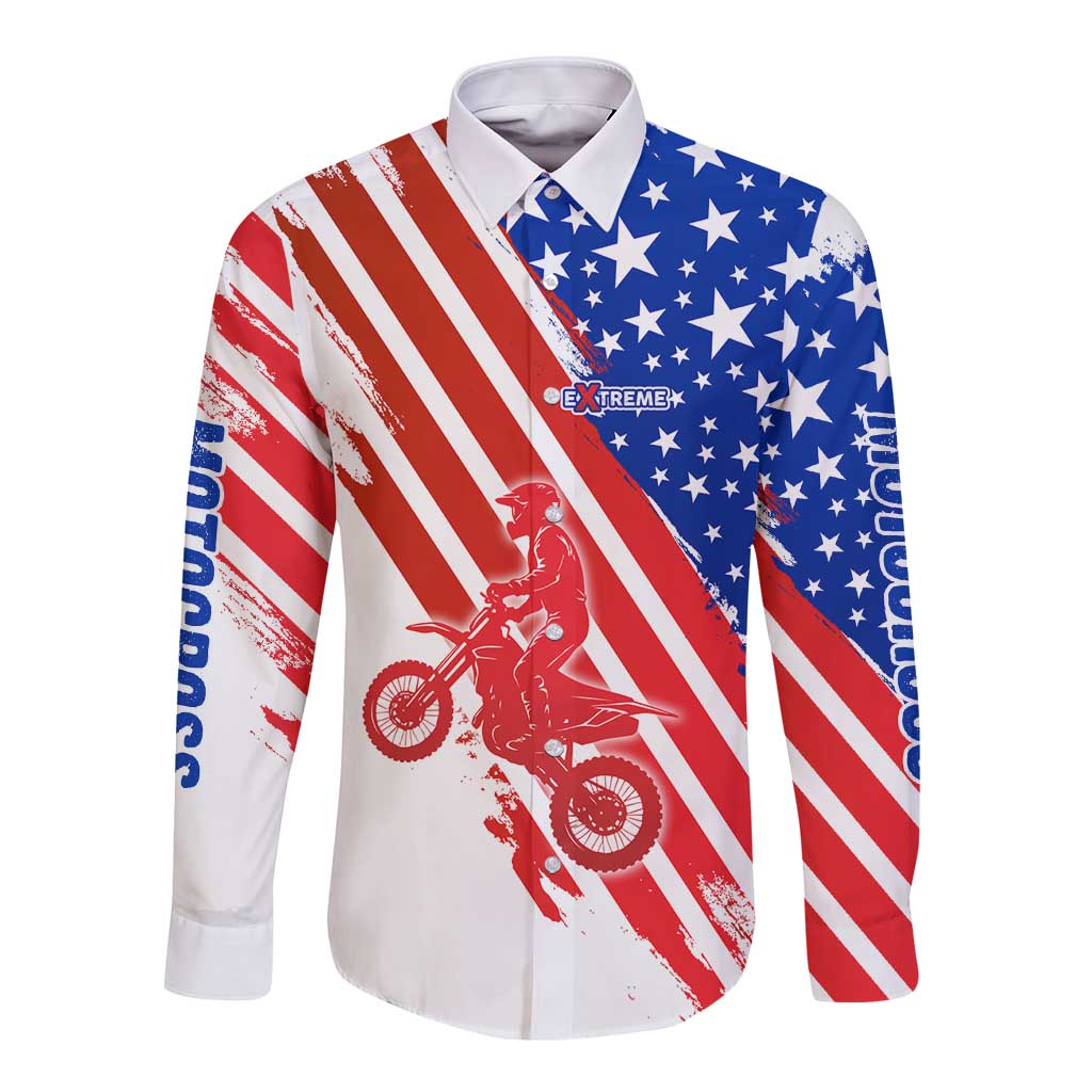 Custom Patriotic Motocross Long Sleeve Button Shirt with American Flag - Wonder Print Shop