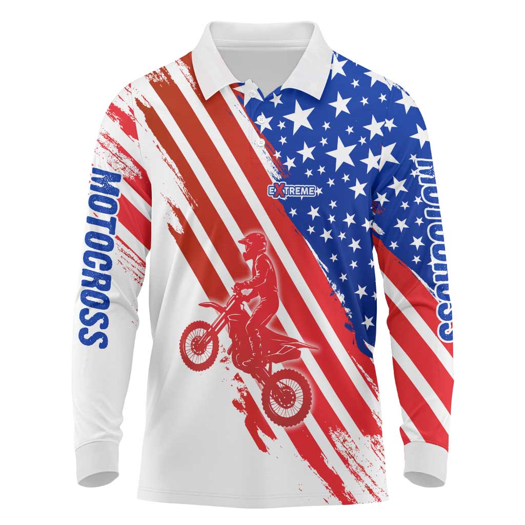 Custom Patriotic Motocross Long Sleeve Polo Shirt with American Flag - Wonder Print Shop