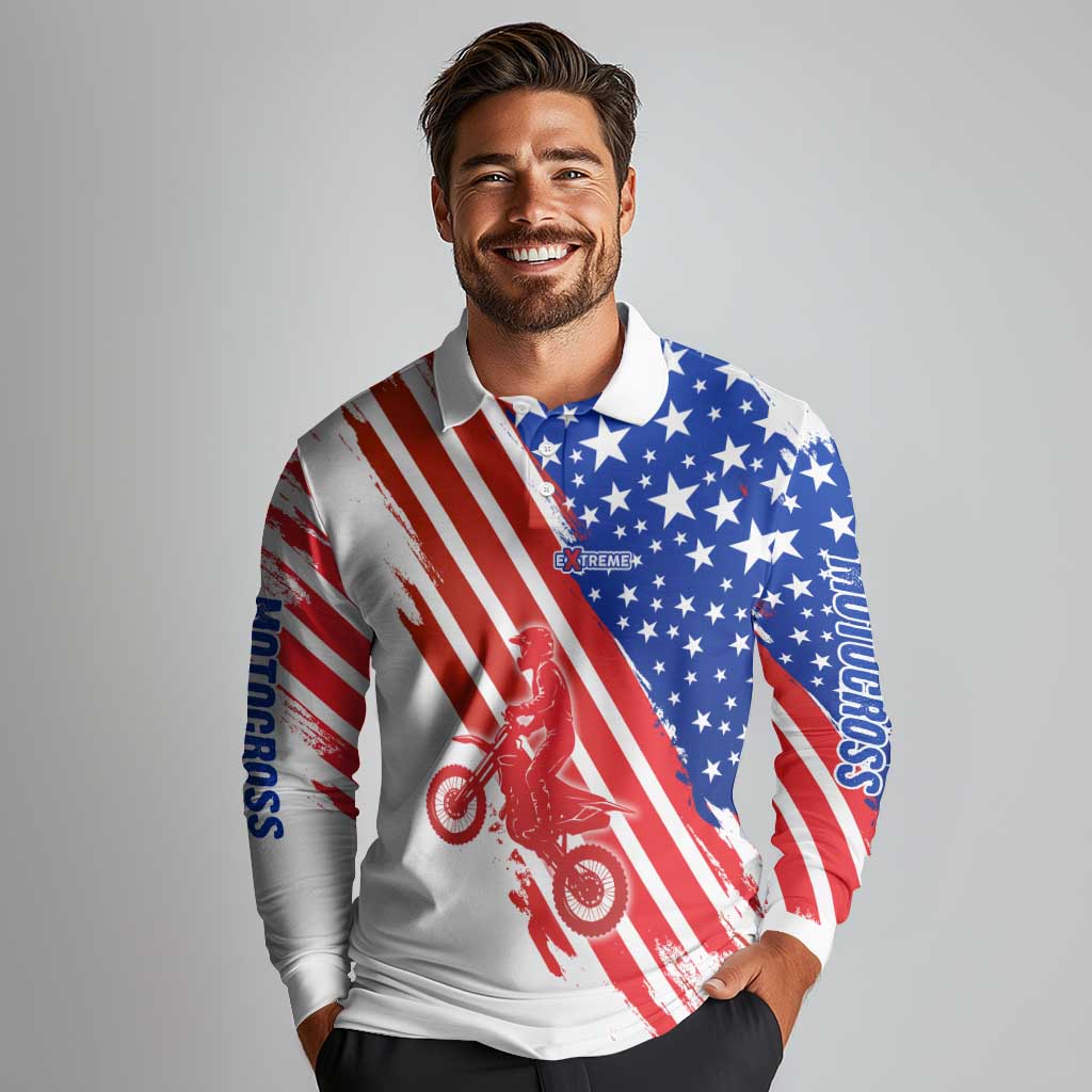 Custom Patriotic Motocross Long Sleeve Polo Shirt with American Flag - Wonder Print Shop