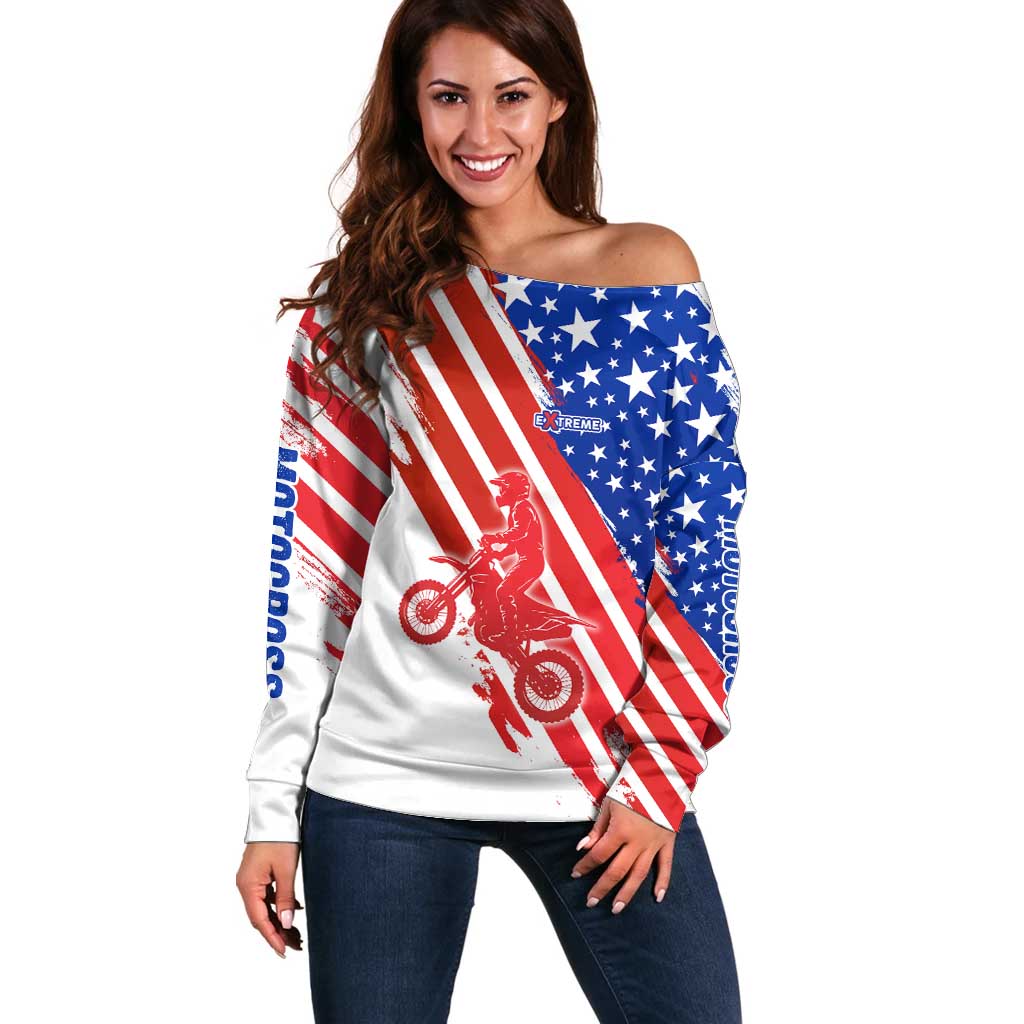 Custom Patriotic Motocross Off Shoulder Sweater with American Flag - Wonder Print Shop