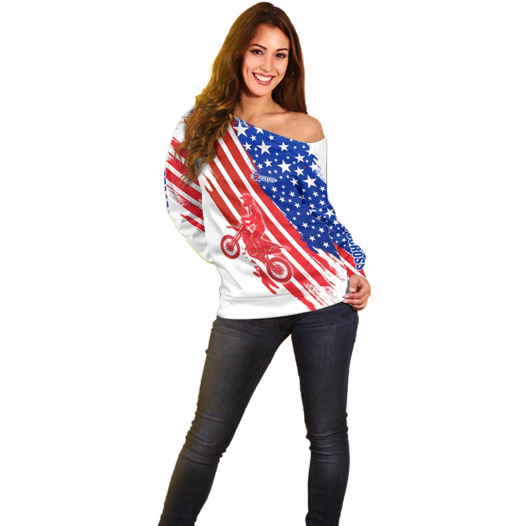 Custom Patriotic Motocross Off Shoulder Sweater with American Flag - Wonder Print Shop