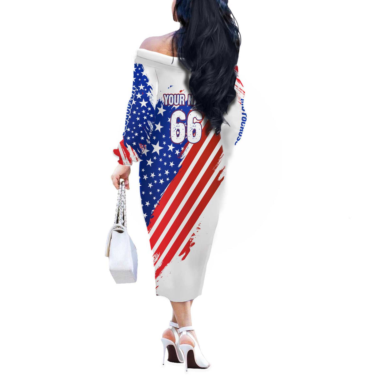 Custom Patriotic Motocross Off The Shoulder Long Sleeve Dress with American Flag - Wonder Print Shop