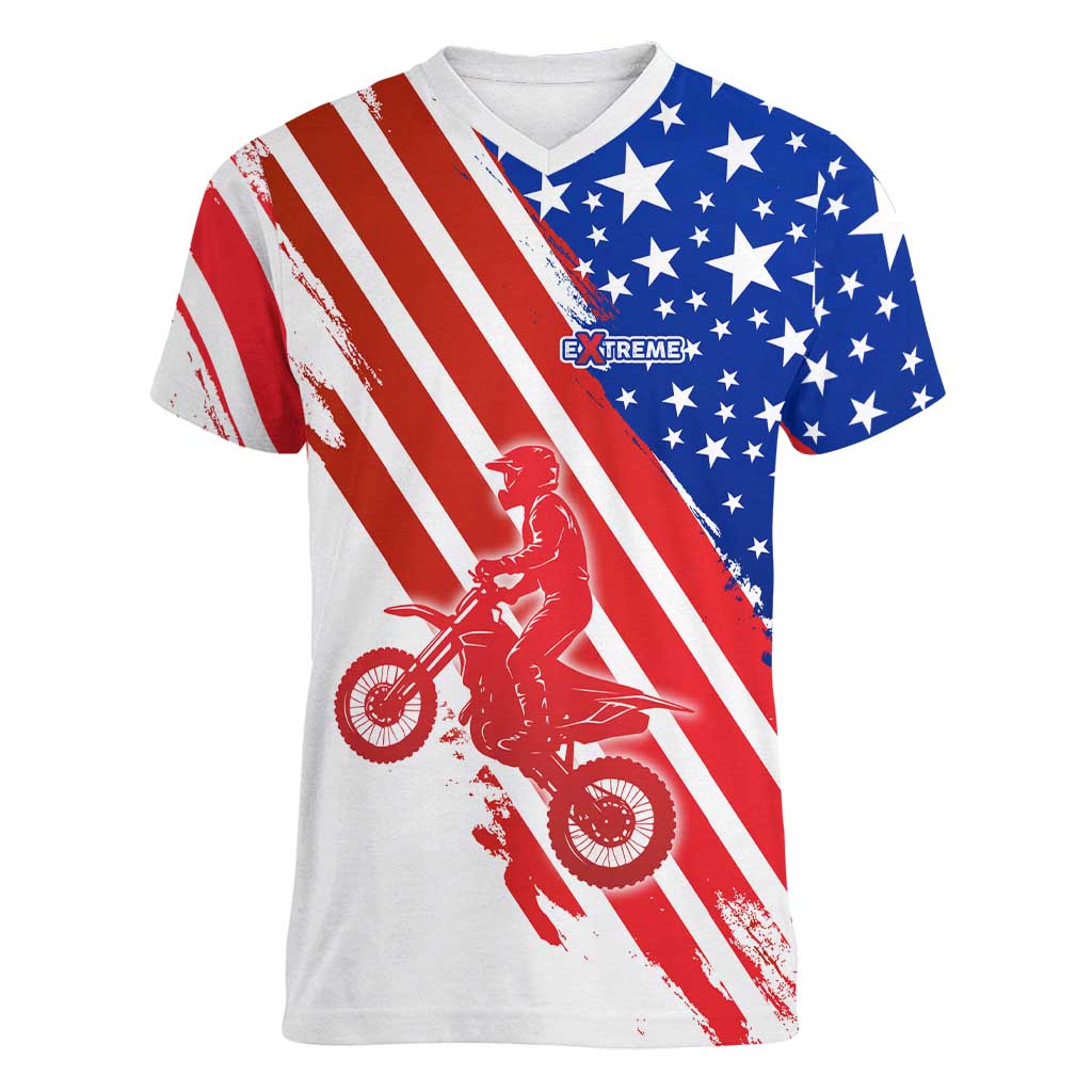 Custom Patriotic Motocross Women V-Neck T-Shirt with American Flag - Wonder Print Shop