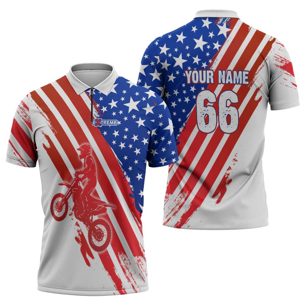 Custom Patriotic Motocross Zipper Polo Shirt with American Flag - Wonder Print Shop