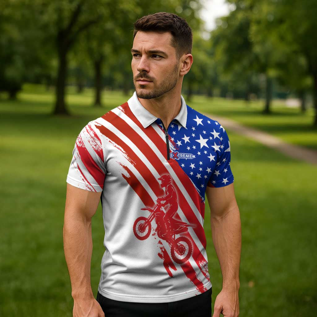Custom Patriotic Motocross Zipper Polo Shirt with American Flag - Wonder Print Shop