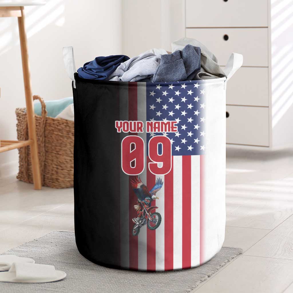 Custom Patriotic Eagle Motocross Laundry Basket with American Flag and Rider Design - Wonder Print Shop