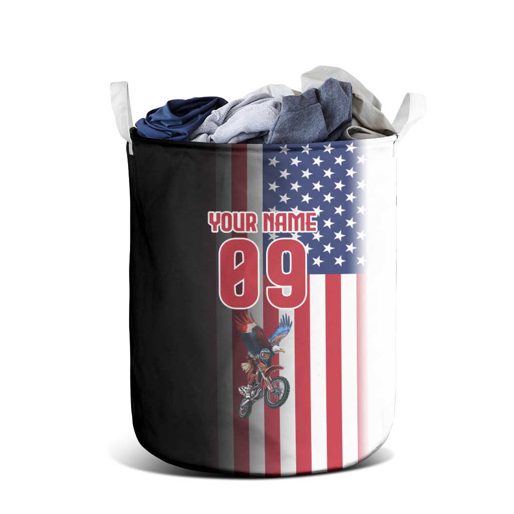 Custom Patriotic Eagle Motocross Laundry Basket with American Flag and Rider Design - Wonder Print Shop