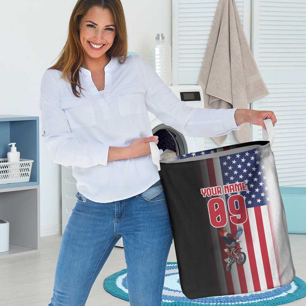Custom Patriotic Eagle Motocross Laundry Basket with American Flag and Rider Design - Wonder Print Shop