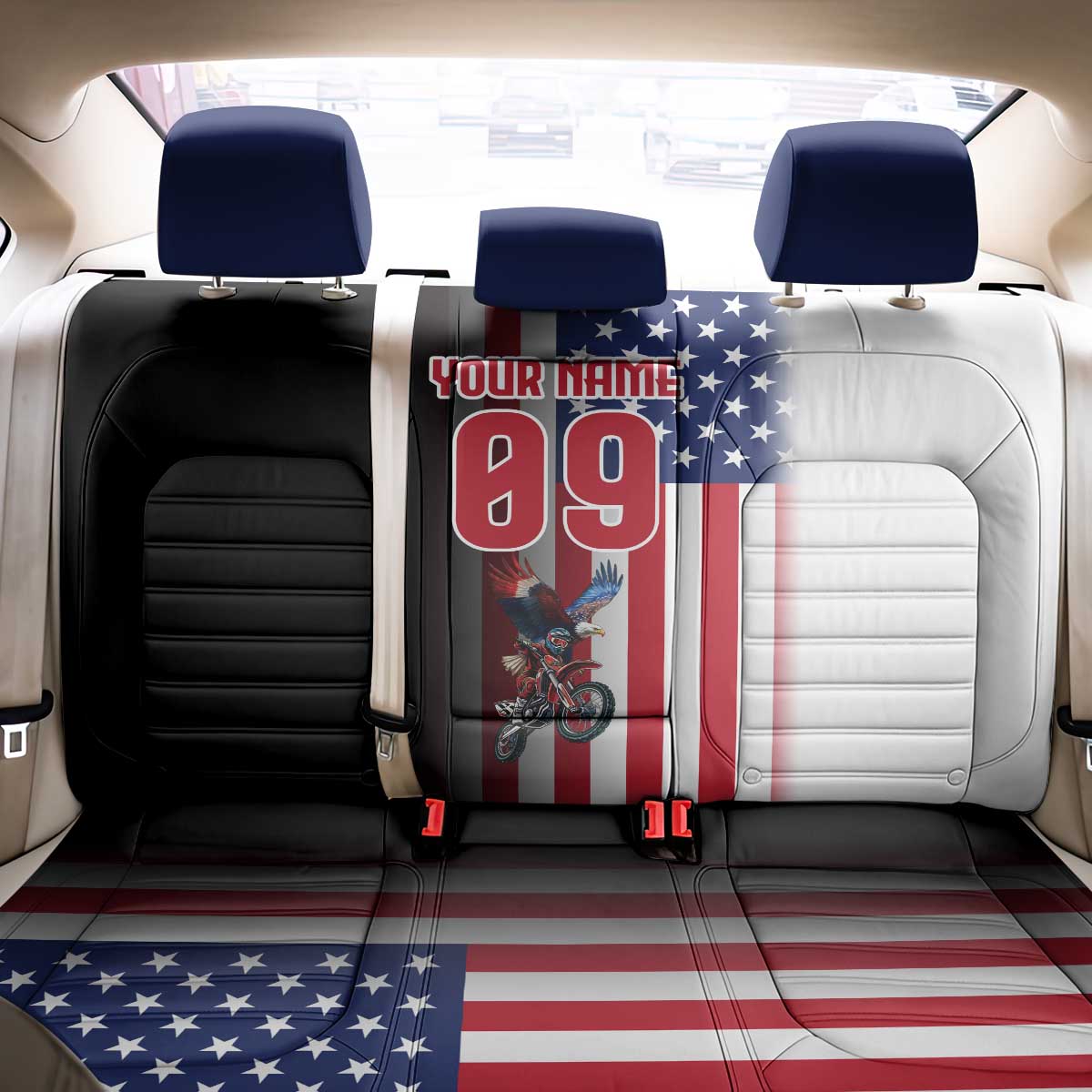 Custom Patriotic Eagle Motocross Back Car Seat Cover with American Flag and Rider Design - Wonder Print Shop