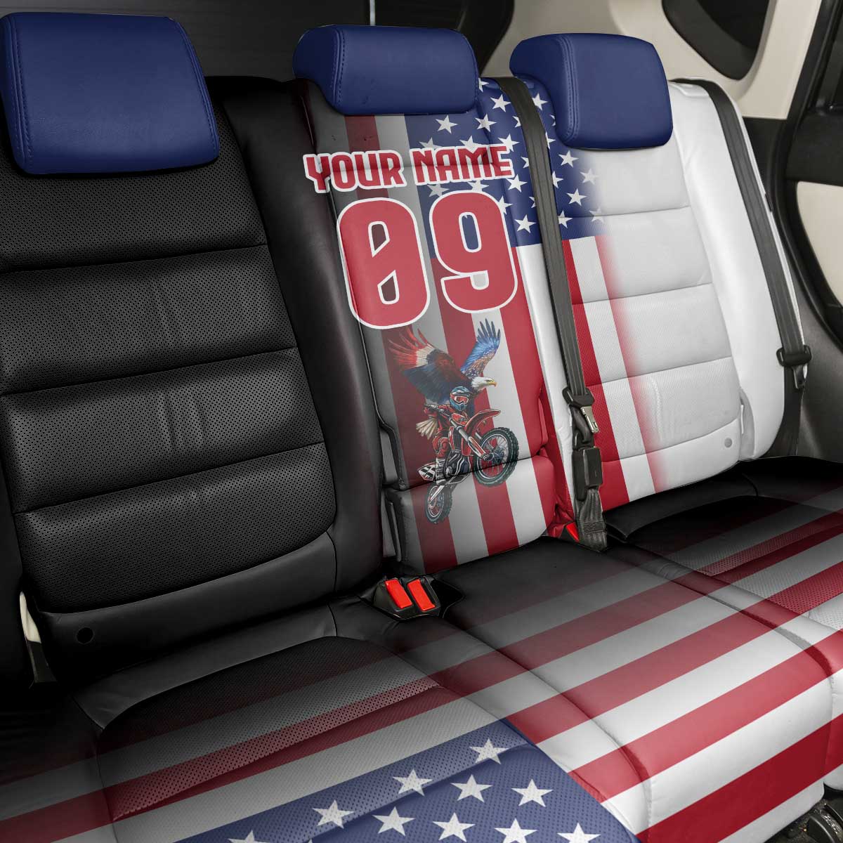 Custom Patriotic Eagle Motocross Back Car Seat Cover with American Flag and Rider Design - Wonder Print Shop
