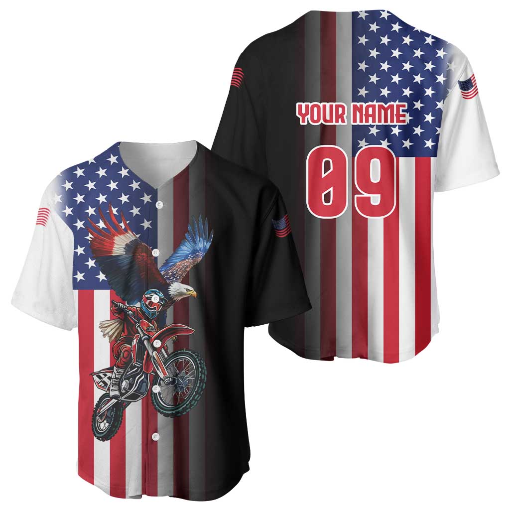 Custom Patriotic Eagle Motocross Baseball Jersey with American Flag and Rider Design - Wonder Print Shop