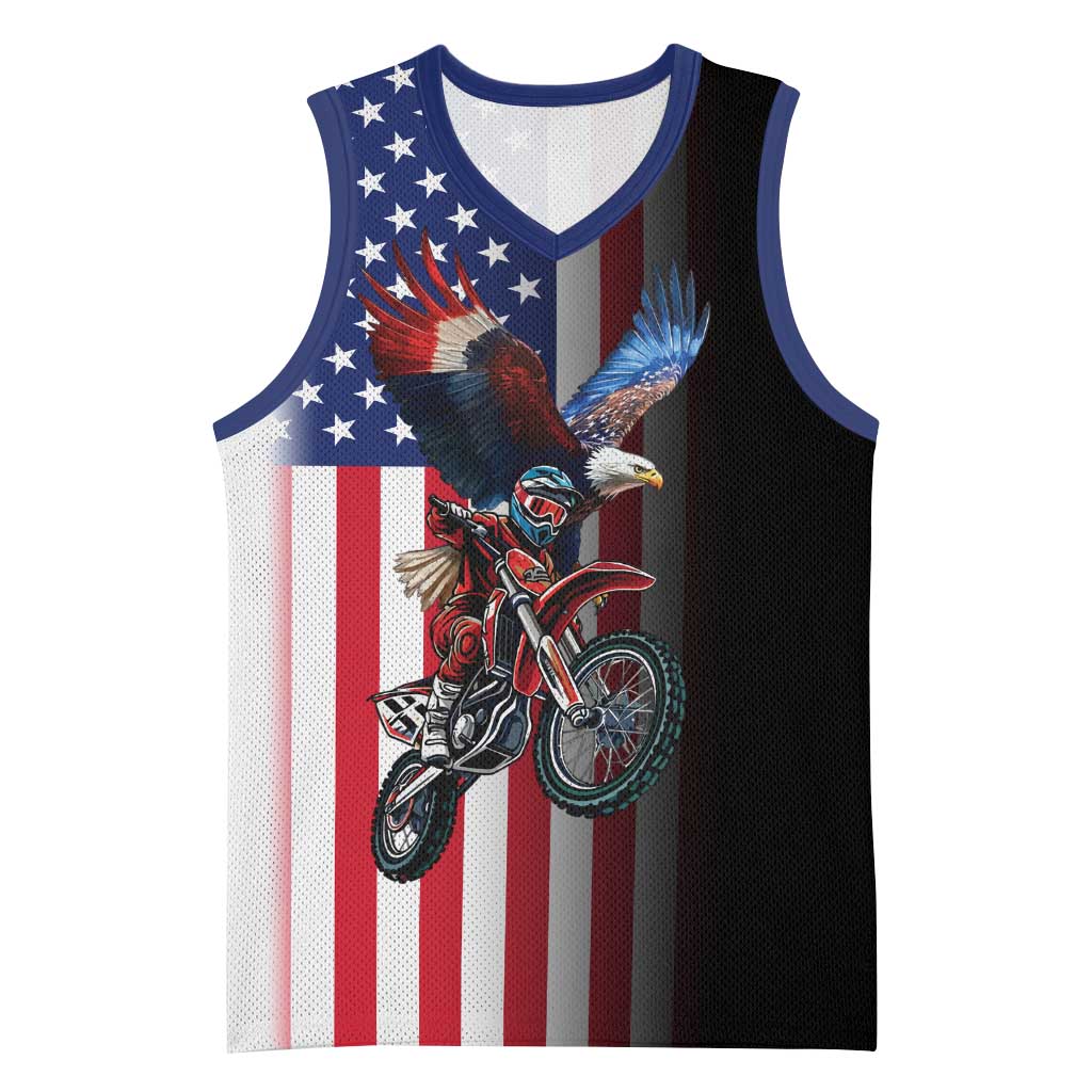 Custom Patriotic Eagle Motocross Basketball Jersey with American Flag and Rider Design - Wonder Print Shop