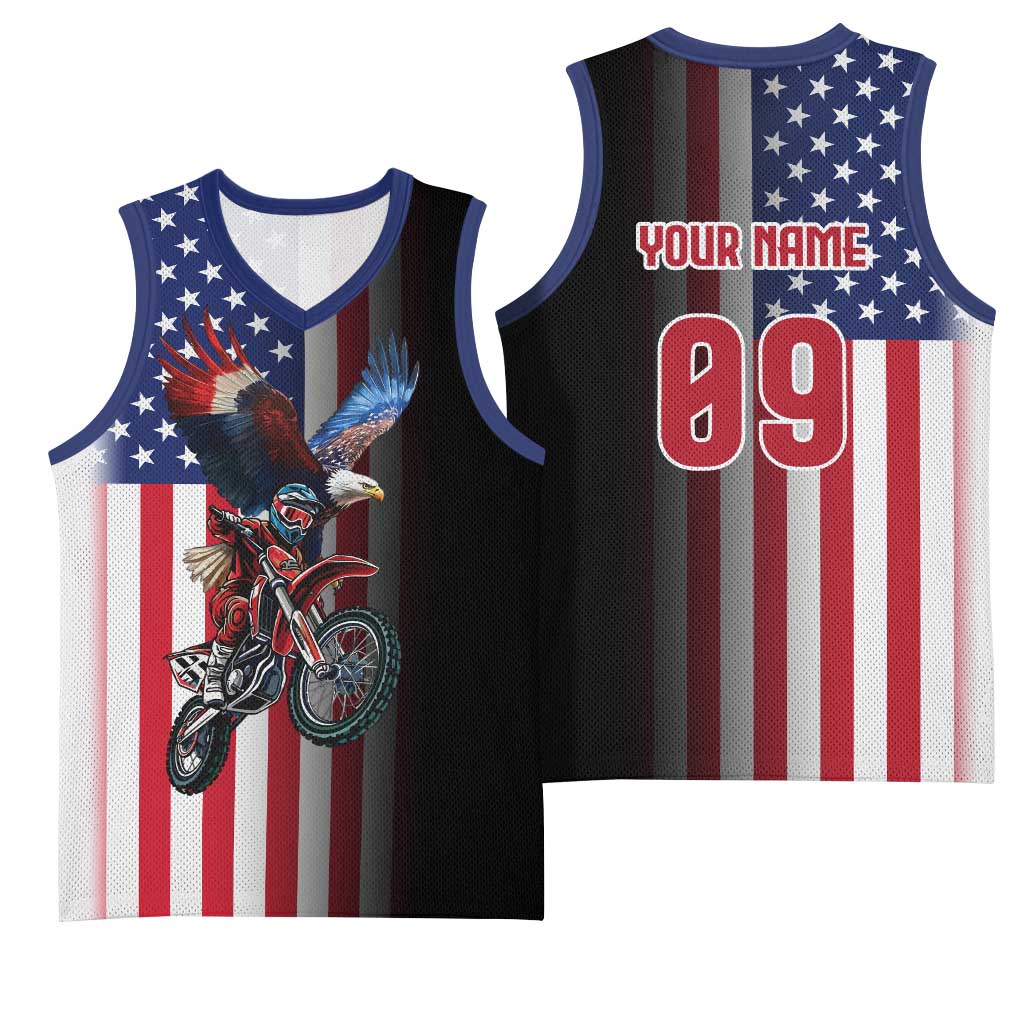 Custom Patriotic Eagle Motocross Basketball Jersey with American Flag and Rider Design - Wonder Print Shop