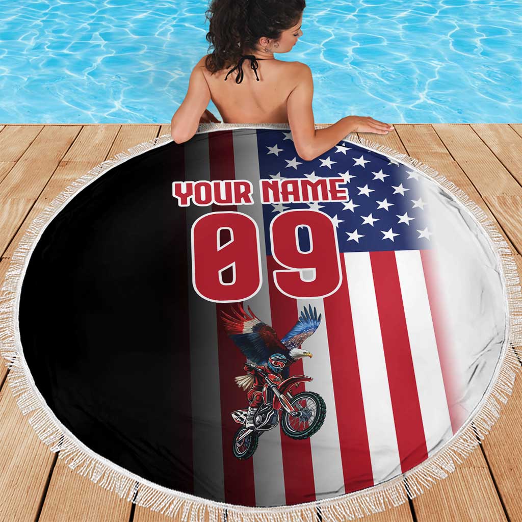 Custom Patriotic Eagle Motocross Beach Blanket with American Flag and Rider Design - Wonder Print Shop