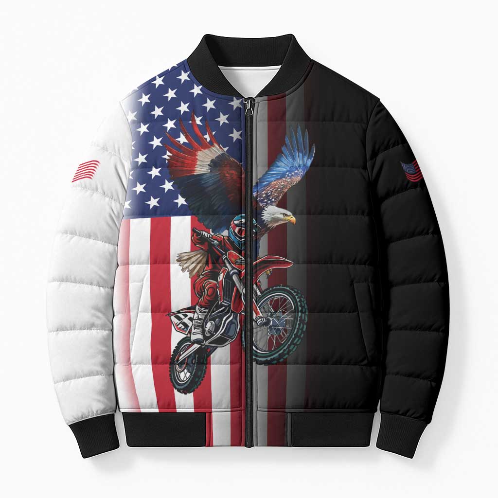 Custom Patriotic Eagle Motocross Bomber Puffer Jacket with American Flag and Rider Design - Wonder Print Shop