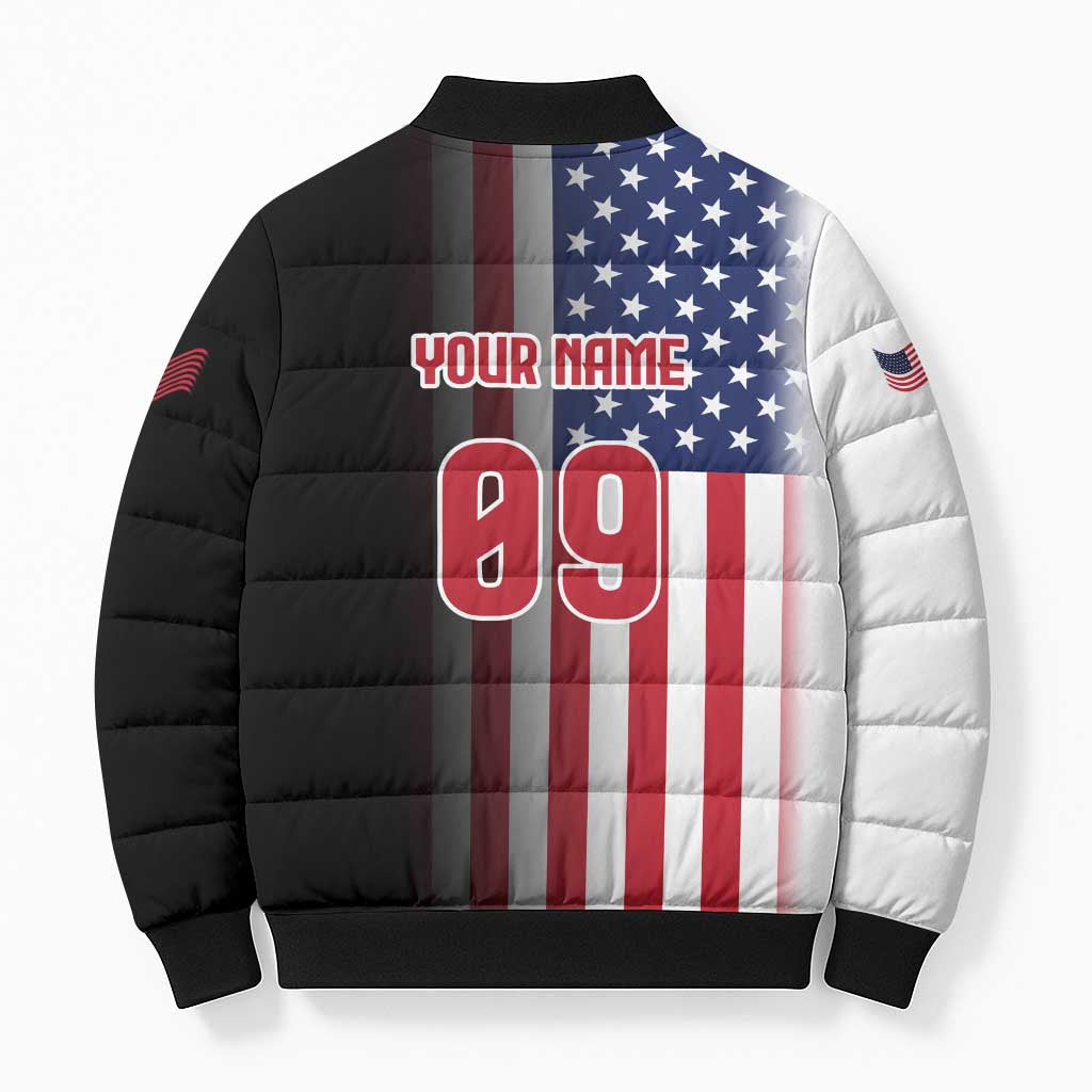 Custom Patriotic Eagle Motocross Bomber Puffer Jacket with American Flag and Rider Design - Wonder Print Shop