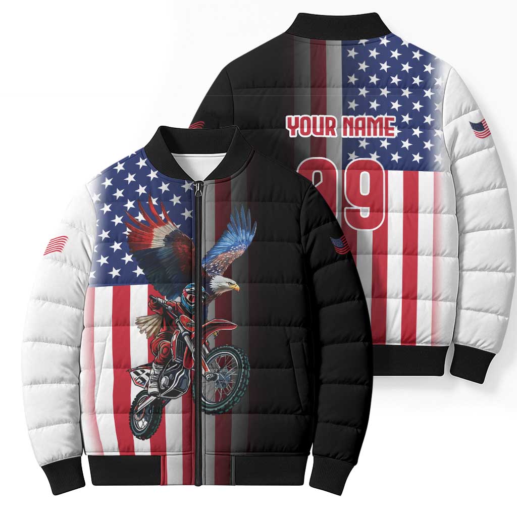 Custom Patriotic Eagle Motocross Bomber Puffer Jacket with American Flag and Rider Design - Wonder Print Shop