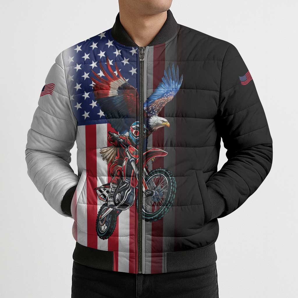 Custom Patriotic Eagle Motocross Bomber Puffer Jacket with American Flag and Rider Design - Wonder Print Shop
