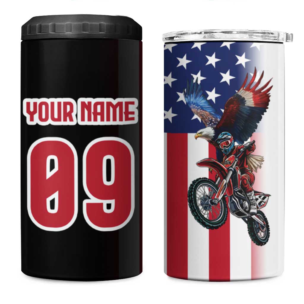 Custom Patriotic Eagle Motocross 4 in 1 Can Cooler Tumbler with American Flag and Rider Design - Wonder Print Shop