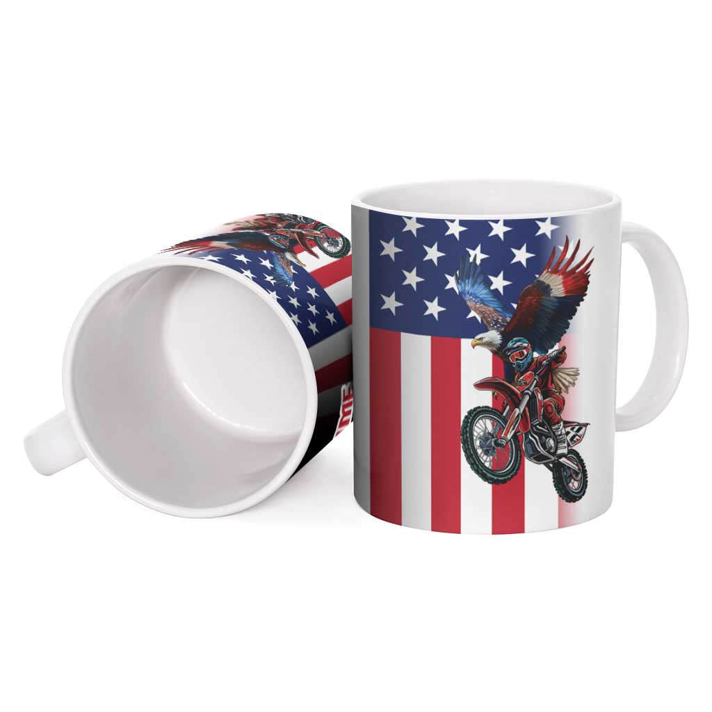 Custom Patriotic Eagle Motocross Ceramic Mug with American Flag and Rider Design - Wonder Print Shop