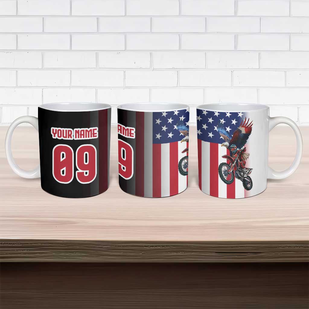 Custom Patriotic Eagle Motocross Ceramic Mug with American Flag and Rider Design - Wonder Print Shop