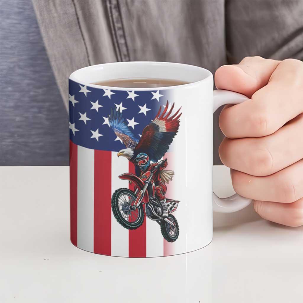Custom Patriotic Eagle Motocross Ceramic Mug with American Flag and Rider Design - Wonder Print Shop