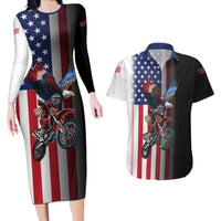 Custom Patriotic Eagle Motocross Couples Matching Long Sleeve Bodycon Dress and Hawaiian Shirt with American Flag and Rider Design - Wonder Print Shop