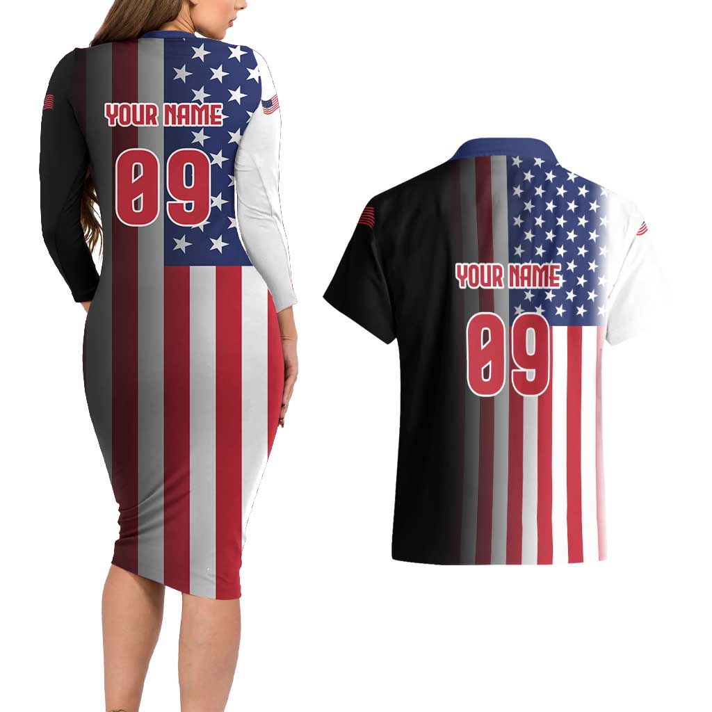 Custom Patriotic Eagle Motocross Couples Matching Long Sleeve Bodycon Dress and Hawaiian Shirt with American Flag and Rider Design - Wonder Print Shop