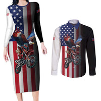 Custom Patriotic Eagle Motocross Couples Matching Long Sleeve Bodycon Dress and Long Sleeve Button Shirt with American Flag and Rider Design - Wonder Print Shop