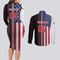 Custom Patriotic Eagle Motocross Couples Matching Long Sleeve Bodycon Dress and Long Sleeve Button Shirt with American Flag and Rider Design - Wonder Print Shop
