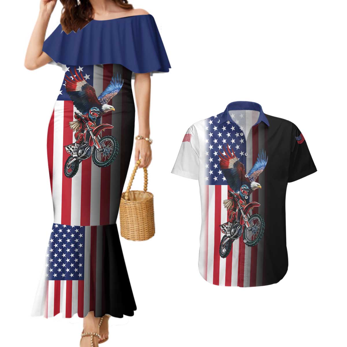 Custom Patriotic Eagle Motocross Couples Matching Mermaid Dress and Hawaiian Shirt with American Flag and Rider Design - Wonder Print Shop
