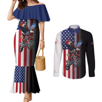Custom Patriotic Eagle Motocross Couples Matching Mermaid Dress and Long Sleeve Button Shirt with American Flag and Rider Design - Wonder Print Shop