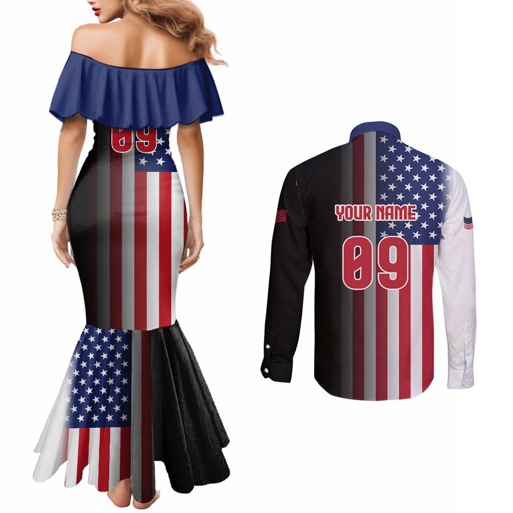 Custom Patriotic Eagle Motocross Couples Matching Mermaid Dress and Long Sleeve Button Shirt with American Flag and Rider Design - Wonder Print Shop