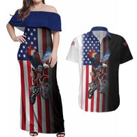 Custom Patriotic Eagle Motocross Couples Matching Off Shoulder Maxi Dress and Hawaiian Shirt with American Flag and Rider Design - Wonder Print Shop