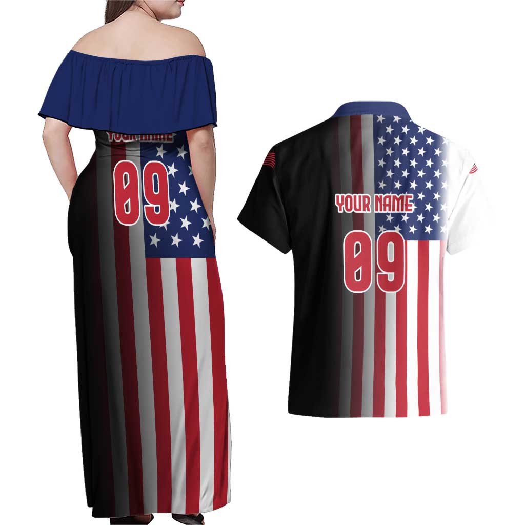 Custom Patriotic Eagle Motocross Couples Matching Off Shoulder Maxi Dress and Hawaiian Shirt with American Flag and Rider Design - Wonder Print Shop
