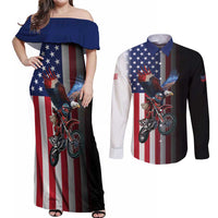 Custom Patriotic Eagle Motocross Couples Matching Off Shoulder Maxi Dress and Long Sleeve Button Shirt with American Flag and Rider Design - Wonder Print Shop