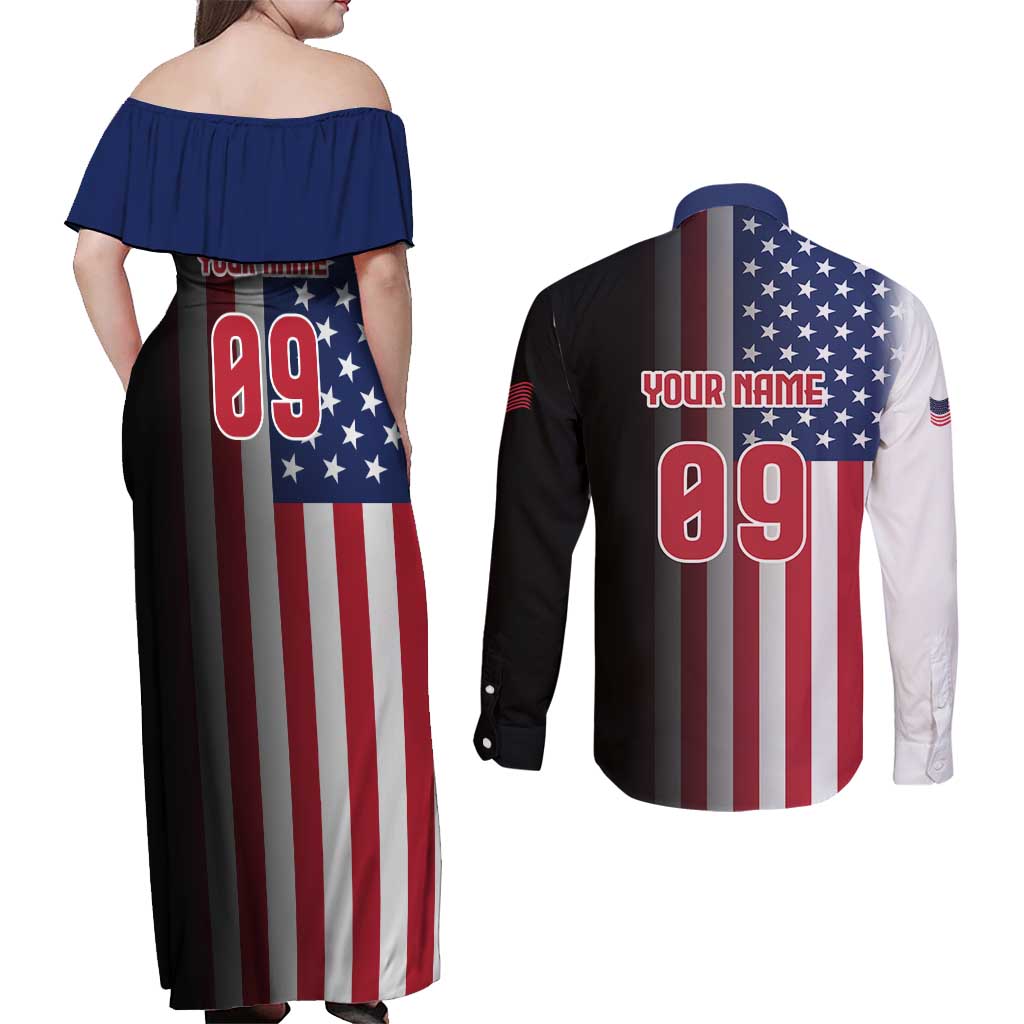 Custom Patriotic Eagle Motocross Couples Matching Off Shoulder Maxi Dress and Long Sleeve Button Shirt with American Flag and Rider Design - Wonder Print Shop
