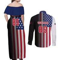 Custom Patriotic Eagle Motocross Couples Matching Off Shoulder Maxi Dress and Long Sleeve Button Shirt with American Flag and Rider Design - Wonder Print Shop