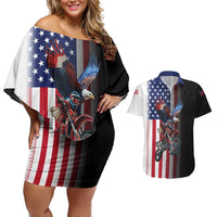 Custom Patriotic Eagle Motocross Couples Matching Off Shoulder Short Dress and Hawaiian Shirt with American Flag and Rider Design - Wonder Print Shop
