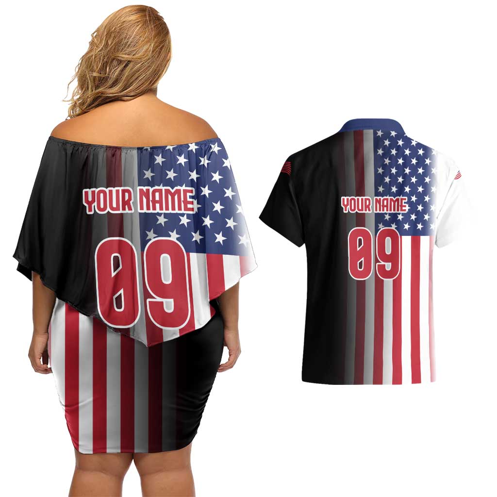 Custom Patriotic Eagle Motocross Couples Matching Off Shoulder Short Dress and Hawaiian Shirt with American Flag and Rider Design - Wonder Print Shop