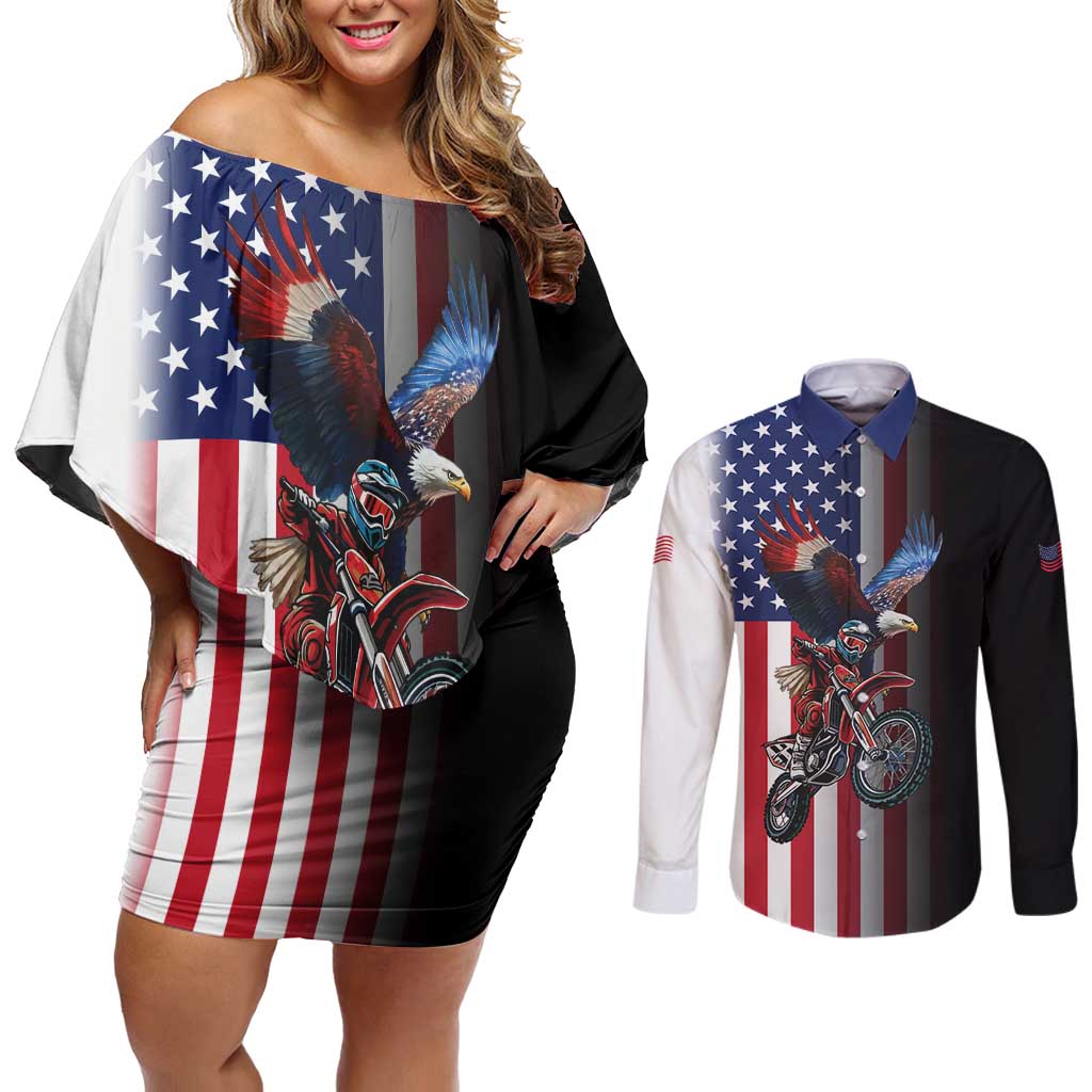 Custom Patriotic Eagle Motocross Couples Matching Off Shoulder Short Dress and Long Sleeve Button Shirt with American Flag and Rider Design - Wonder Print Shop
