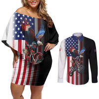 Custom Patriotic Eagle Motocross Couples Matching Off Shoulder Short Dress and Long Sleeve Button Shirt with American Flag and Rider Design - Wonder Print Shop