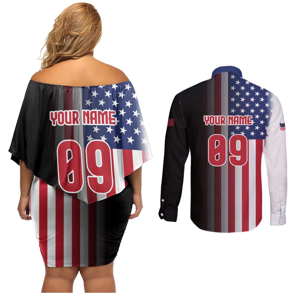 Custom Patriotic Eagle Motocross Couples Matching Off Shoulder Short Dress and Long Sleeve Button Shirt with American Flag and Rider Design - Wonder Print Shop