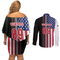 Custom Patriotic Eagle Motocross Couples Matching Off Shoulder Short Dress and Long Sleeve Button Shirt with American Flag and Rider Design - Wonder Print Shop