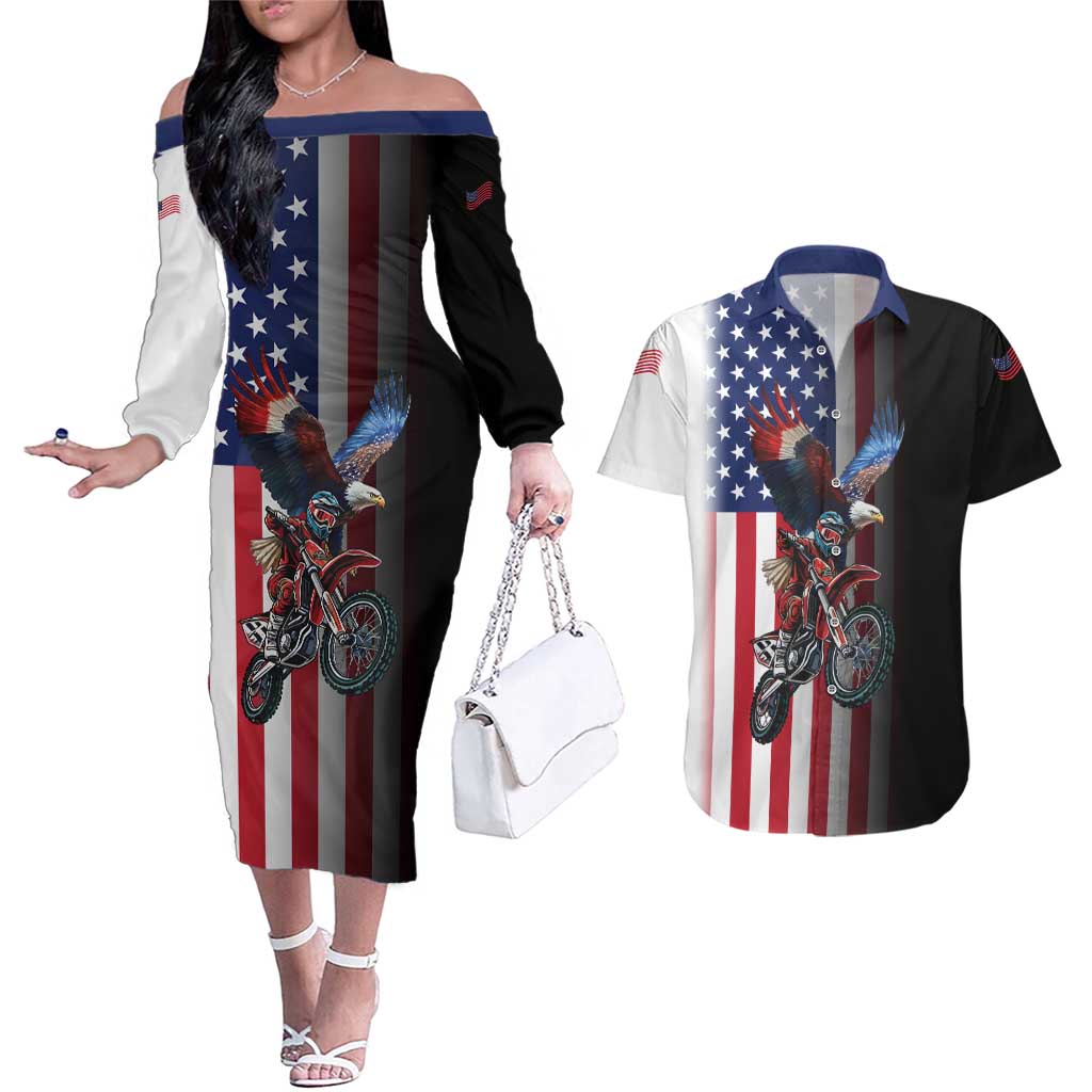 Custom Patriotic Eagle Motocross Couples Matching Off The Shoulder Long Sleeve Dress and Hawaiian Shirt with American Flag and Rider Design - Wonder Print Shop