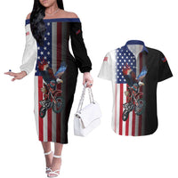 Custom Patriotic Eagle Motocross Couples Matching Off The Shoulder Long Sleeve Dress and Hawaiian Shirt with American Flag and Rider Design - Wonder Print Shop